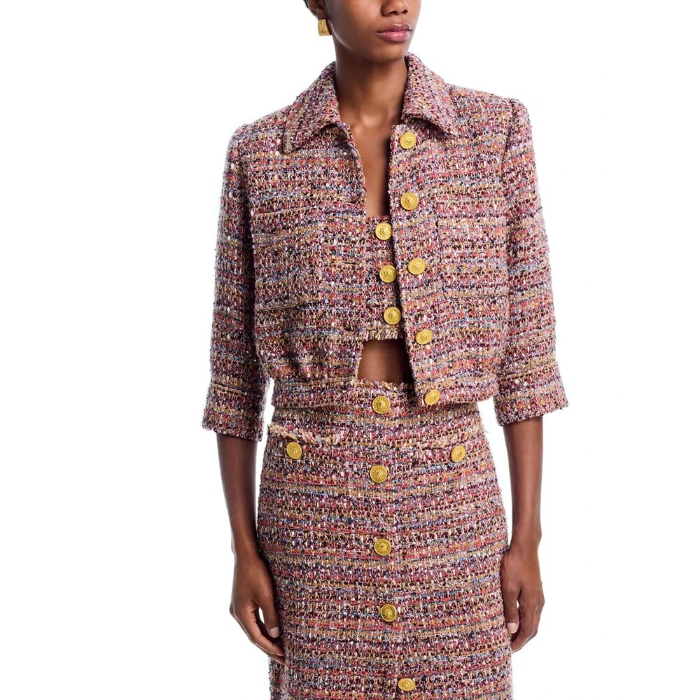 L'AGENCE Women's Jia Tweed 3/4 Sleeves Crop Jacket Mauve Tan Multi Size 4